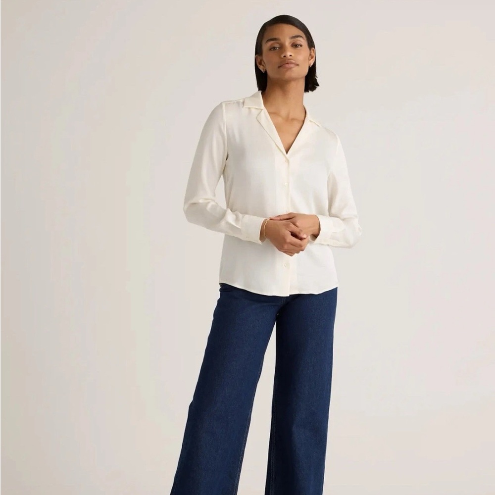 Quince Ivory Washable Stretch Silk Notch Collar Shirt Blouse Small